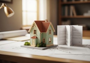 Miniature pastel green house model with a terracotta roof placed on architectural blueprints on a wooden desk. next to it are contract papers and a pen, representing real estate investment and planning.