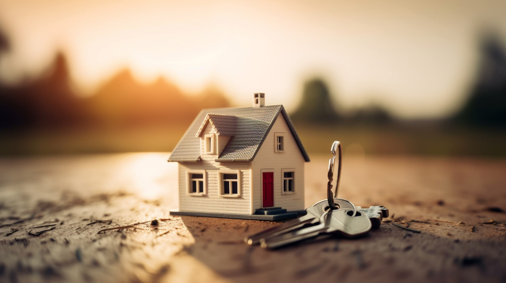 Miniature house with keys on wooden background.